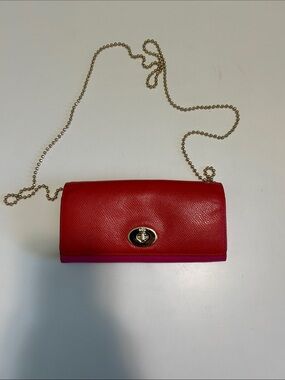 Coach Two Tone Red and Hot Pink Crossbody Purse with Gold Accent Chan Strap